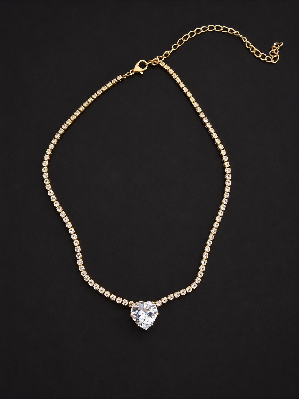 Fashion Gold Heart-Center Crystal Tennis Necklace